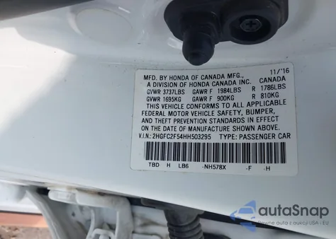 2017 Honda Civic Lx из США, поврежденный, VIN 2HGFC2F54HH503295